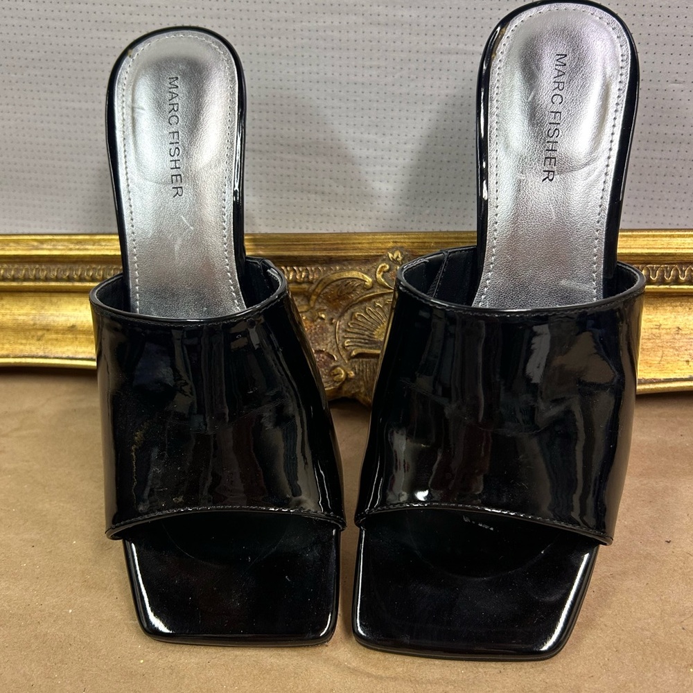 Marc Fisher Black Patent Leather Wedge Mules - 8